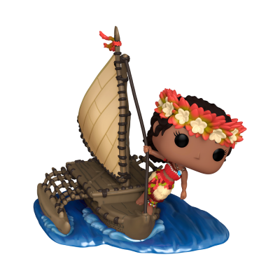Figura colecionável de personagem feminina numa canoa com vela sobre base de água