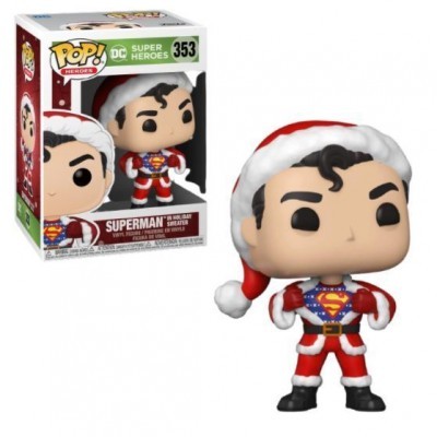 Figura Funko Pop do Super-Homem com fato de Pai Natal vermelho e branco em frente à caixa correspondente