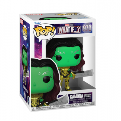 Figura Funko Pop! Gamora com armadura dourada e espada em embalagem transparente