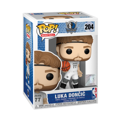 Figura Funko Pop! de Luka Dončić com bola de basquete e uniforme branco na caixa