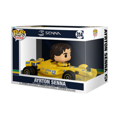 Figura Funko Pop Ayrton Senna em carro Fórmula 1 amarelo dentro da caixa