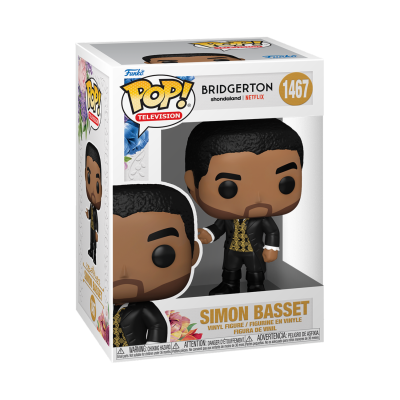 Figura Funko Pop! de Simon Basset da Bridgerton numa caixa branca com detalhes coloridos