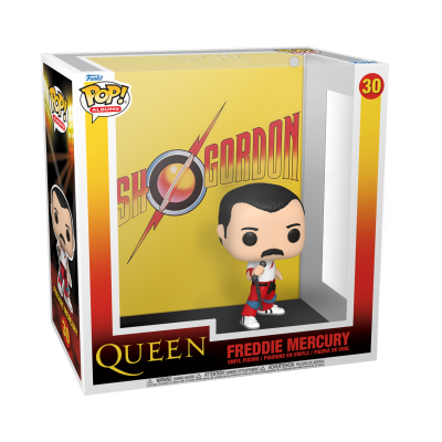 Figura Funko Pop Freddie Mercury em embalagem com fundo amarelo e logotipo Shazam Gordon