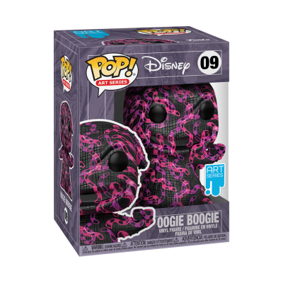 Estatueta POP! vinyl Disney Oogie Boogie padrão preto e rosa em caixa