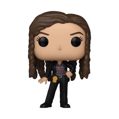 Boneca Funko Pop feminina com cabelo castanho e roupa preta com padrão cor-de-rosa.
