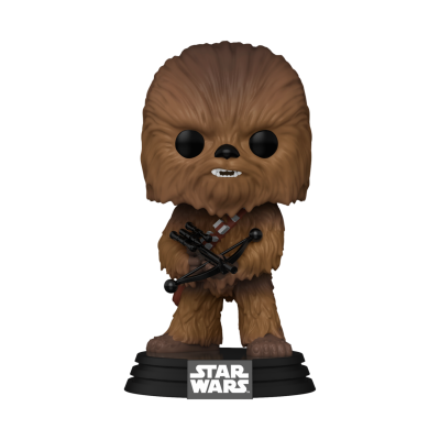 Boneco colecionável Chewbacca Star Wars em plástico castanho com base preta e logotipo