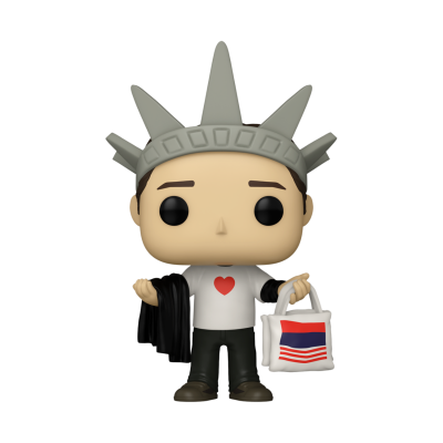 Figura Funko Pop com coroa da Estátua da Liberdade, camiseta branca, calças pretas e bolsa branca