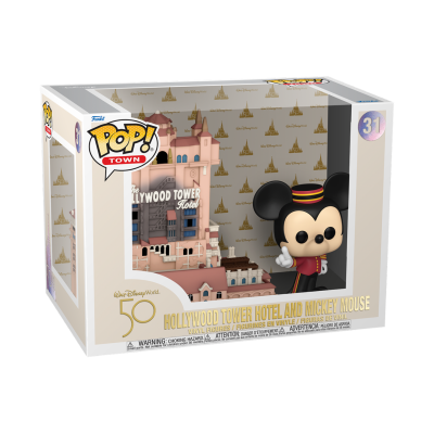 Funko Pop Mickey Mouse porteiro com modelo do Hollywood Tower Hotel em caixa de coleção