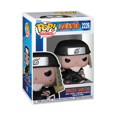 Funko Pop! Naruto Hiruzen Sarutobi em embalagem com detalhes azuis e brancos