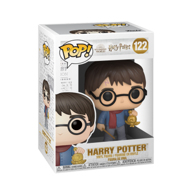 Figura Pop! de Harry Potter com cachecol vermelho e troféu dourado na caixa