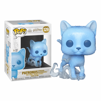 Figura Funko Pop! azul translúcido do Patronus de Minerva McGonagall e respectiva embalagem