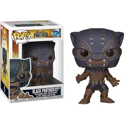 Funko Pop! Black Panther Warrior Falls nº 274 em vinil com máscara e roupa tribal preta e dourada, ao lado da caixa original