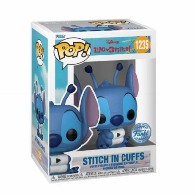 Funko Pop! desenho da Disney Stitch 'in Cuffs' na caixa com etiquetas e texto.