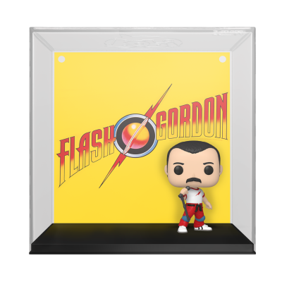 Figura colecionável Funko Pop do Flash Gordon em base preta com fundo amarelo e logo