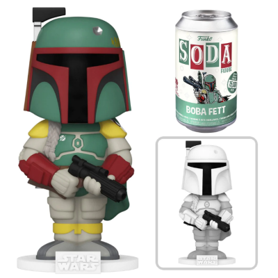 Figura Funko Pop Boba Fett verde e vermelho e lata Funko Soda com figura semelhante cinza e branco