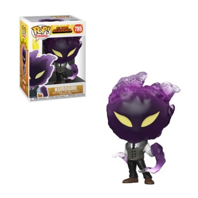 Figura Funko Pop! Kurogiri da série My Hero Academia com cabelo roxo translúcido e olhos amarelos em frente à caixa do produto