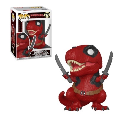 Figura Funko Pop Dinopool Deadpool dinossauro vermelho com espadas na caixa