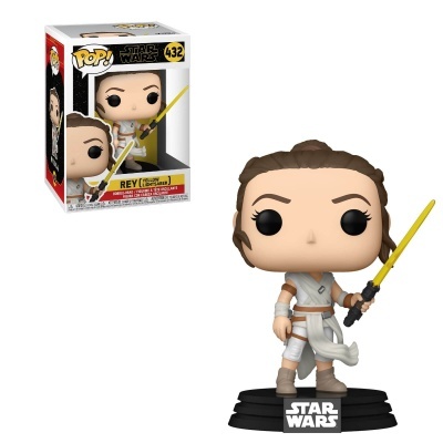 Figurine Pop Rey Star Wars com sabre de luz amarelo e embalagem
