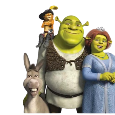 Bonecos dos personagens do filme Shrek, incluindo ogro verde, ogra de vestido azul, burro e gato com chapéu