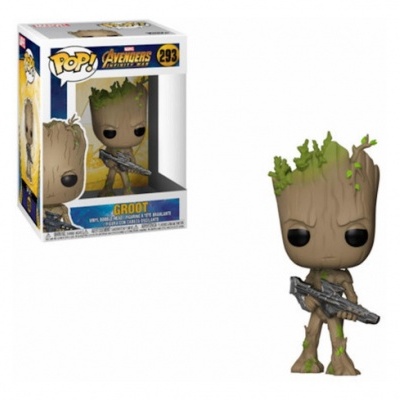 Boneco Funko Pop! Groot Avengers Endgame 293 castanho claro verde com arma prateada e caixa