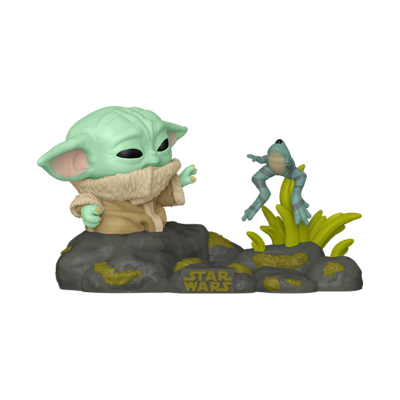 Figura de Baby Yoda em cenário de rochas e plantas