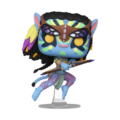 Figura Funko Pop azul com arco, penas coloridas e base transparente