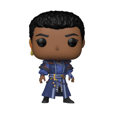 Figura Funko Pop com capa azul e cabelo encaracolado preto