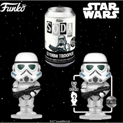 Funko Soda Figura Stormtrooper Star Wars e lata metálica em fundo preto estrelado