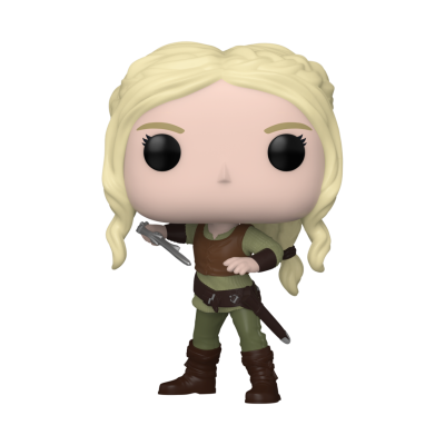 Boneco Funko Pop feminino com espada e roupa verde e castanha
