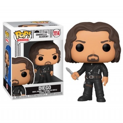 Figura Funko Pop Diego da série The Umbrella Academy com faca e fato preto