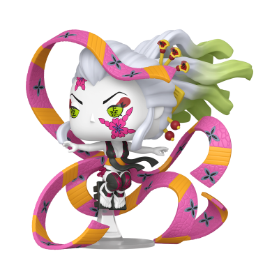 Figura Funko Pop de personagem com cabelo branco e ponta verde e fita rosa envolvente