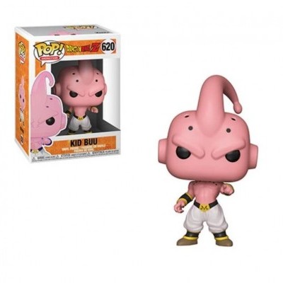 Figura Funko Pop! Kid Buu de vinil rosa com calças brancas e cinto amarelo