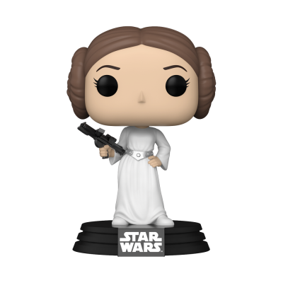 Figurinha POP vinyl da Princesa Leia de Star Wars com vestido branco e arma