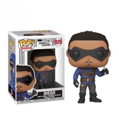 Funko Pop Diego The Umbrella Academy azul e preto, caixa número 929