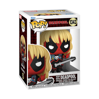 Funko Pop Deadpool 1343 com guitarra, cabelo loiro e máscara vermelha e preta na caixa.