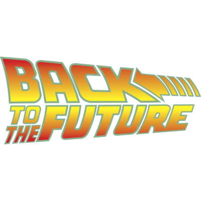 Logótipo do filme Back to the Future com texto em amarelo e vermelho e setas