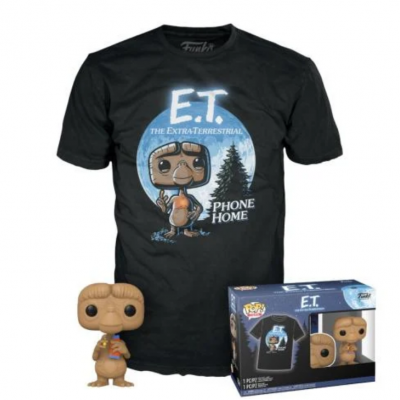 Camisola preta com estampa do personagem E.T. e figura de ação com caixa