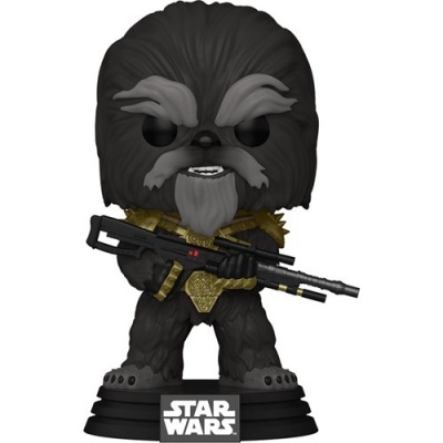 Figura Funko Pop Chewbacca Star Wars com colete dourado e arma preta