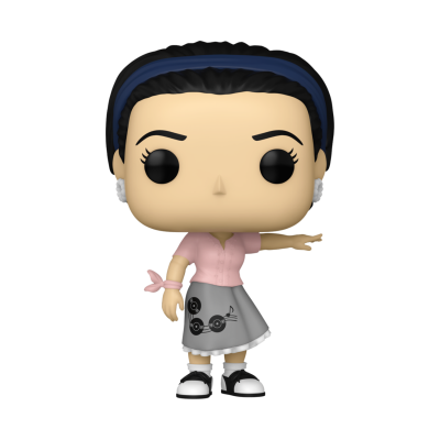 Figura Funko Pop feminina com roupas rosa e cinza e acessórios azuis