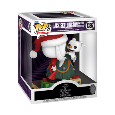 Figura Pop Deluxe de Jack Skellington e Zero com árvore de Natal numa caixa de venda.
