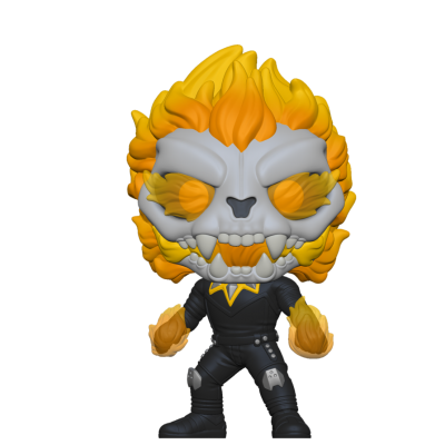Figura Funko Pop do Ghost Rider com cabeça de caveira cinzenta e chamas alaranjadas