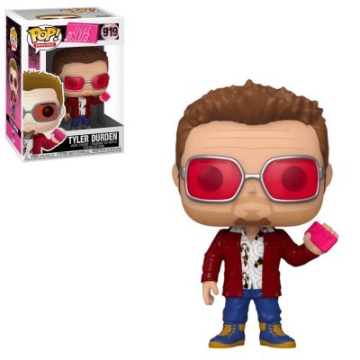 Figura POP! de Tyler Durden com óculos vermelhos e casaco vermelho ao lado da caixa
