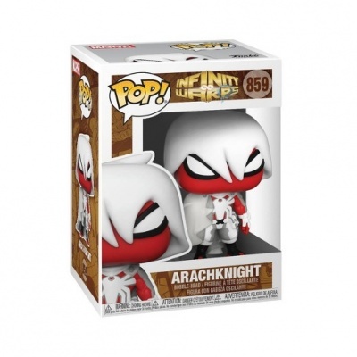 Figura Funko Pop Arachnknight branco e vermelho na caixa Infinity Warps