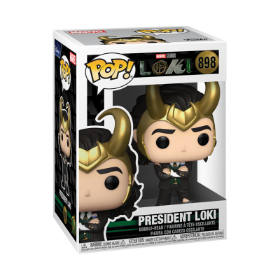 Funko Pop! de President Loki numa caixa com tampa transparente