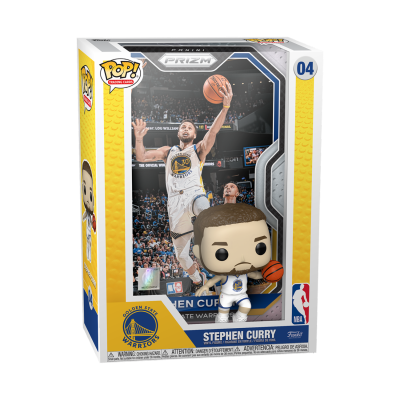 Boneco Funko Pop Stephen Curry Golden State Warriors em caixa amarela com ilustração e texto