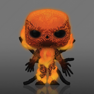 Boneco Funko Pop laranja com detalhes de chamas e olhos grandes pretos