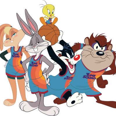 Personagens dos Looney Tunes em uniformes de basquetebol azuis e laranja com texto TUNE SQUAD