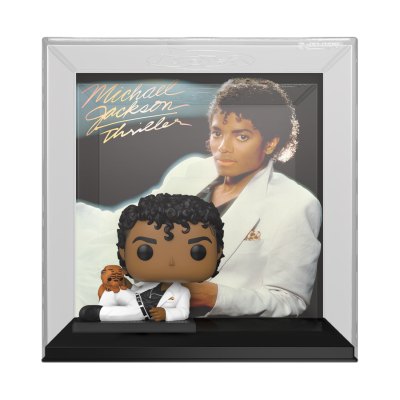 Boneco Michael Jackson com foto de Michael Jackson atrás em caixa transparente