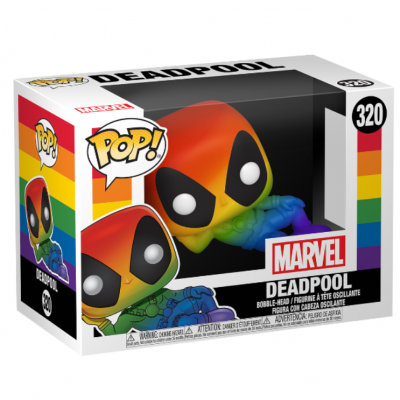 Boneco Pop! Deadpool da Marvel em caixa transparente com cores em gradiente de arco-íris