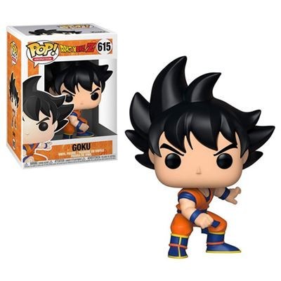 Figura Pop! de Goku da série Dragon Ball Z com cabelo preto e roupa laranja em pose de ataque